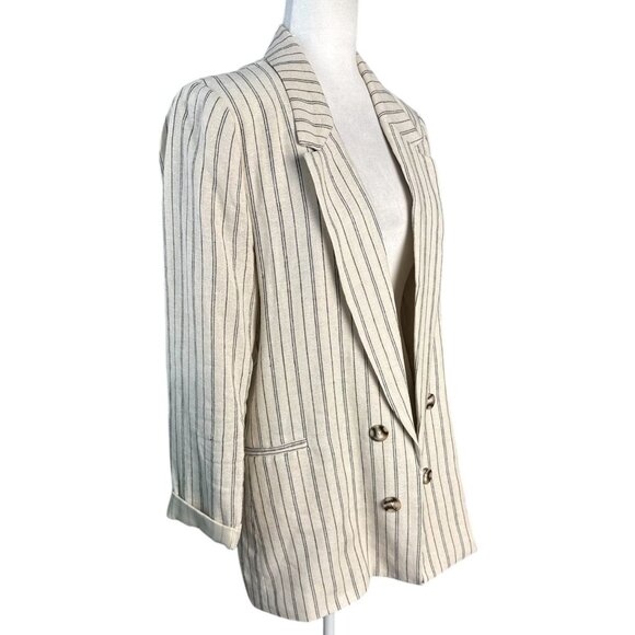 Jules & Leopold Striped Linen Blend Blazer Beige NavyStripe Open Front Womens LG - Picture 4 of 8